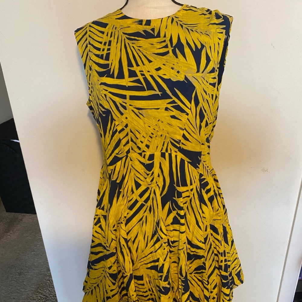 H&M Yellow Palm Leaf Print Fit & Flare Dress Size 14